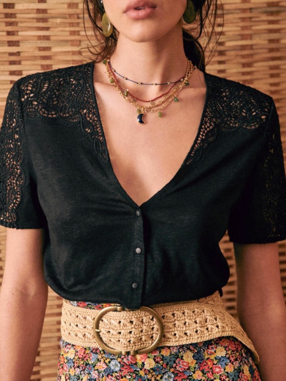 Sezane PINK Lace-Shoulder Button Front Top